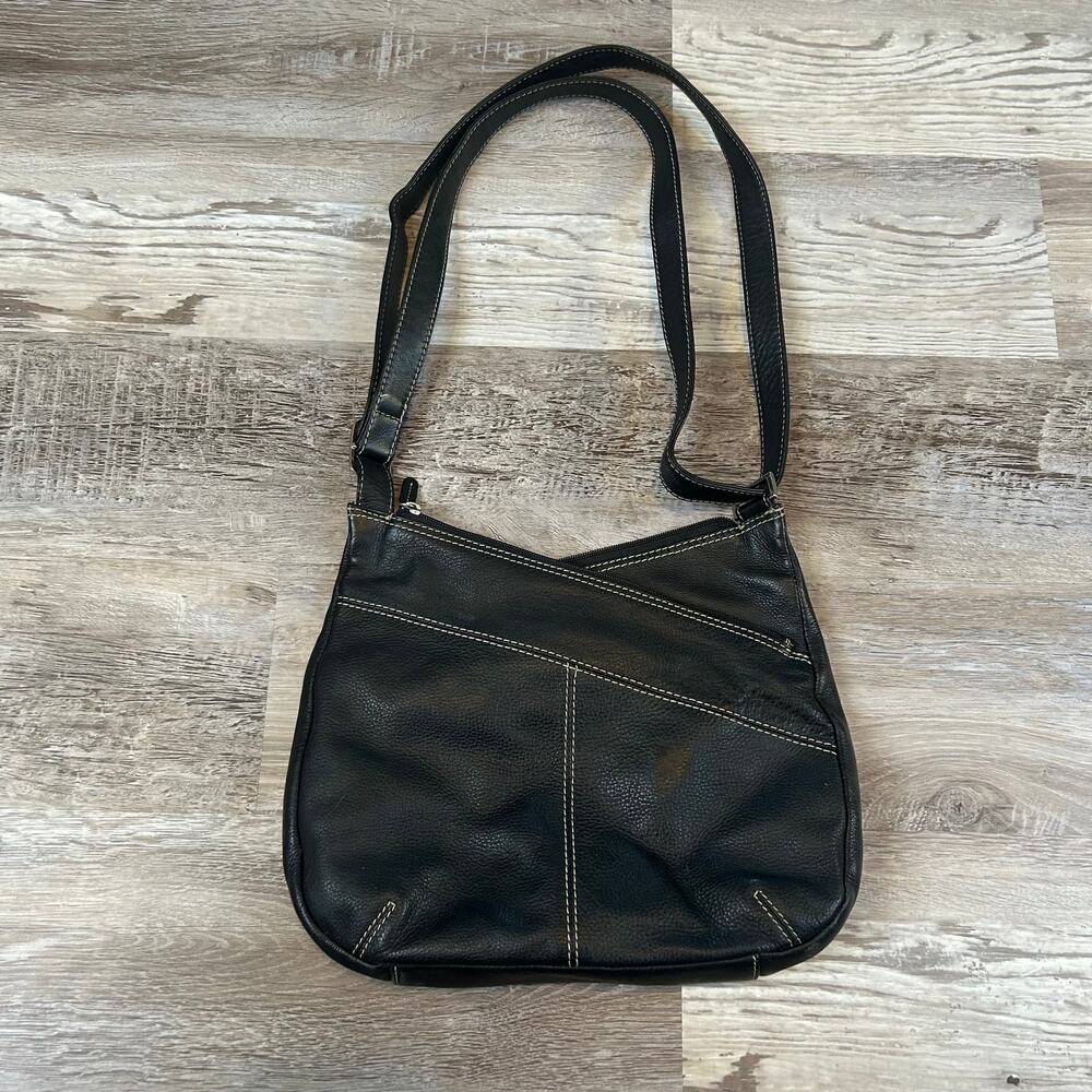 ILI New York Black Leather Crossbody Bag Leopard Lining Adjustable Strap